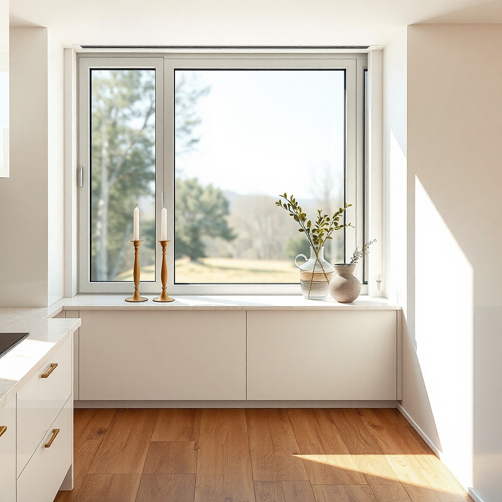 Clear tray with two brass candle holders on a kitchen window sill