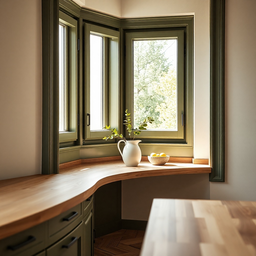 Colored painted sill edge with white ceramics and a small plant