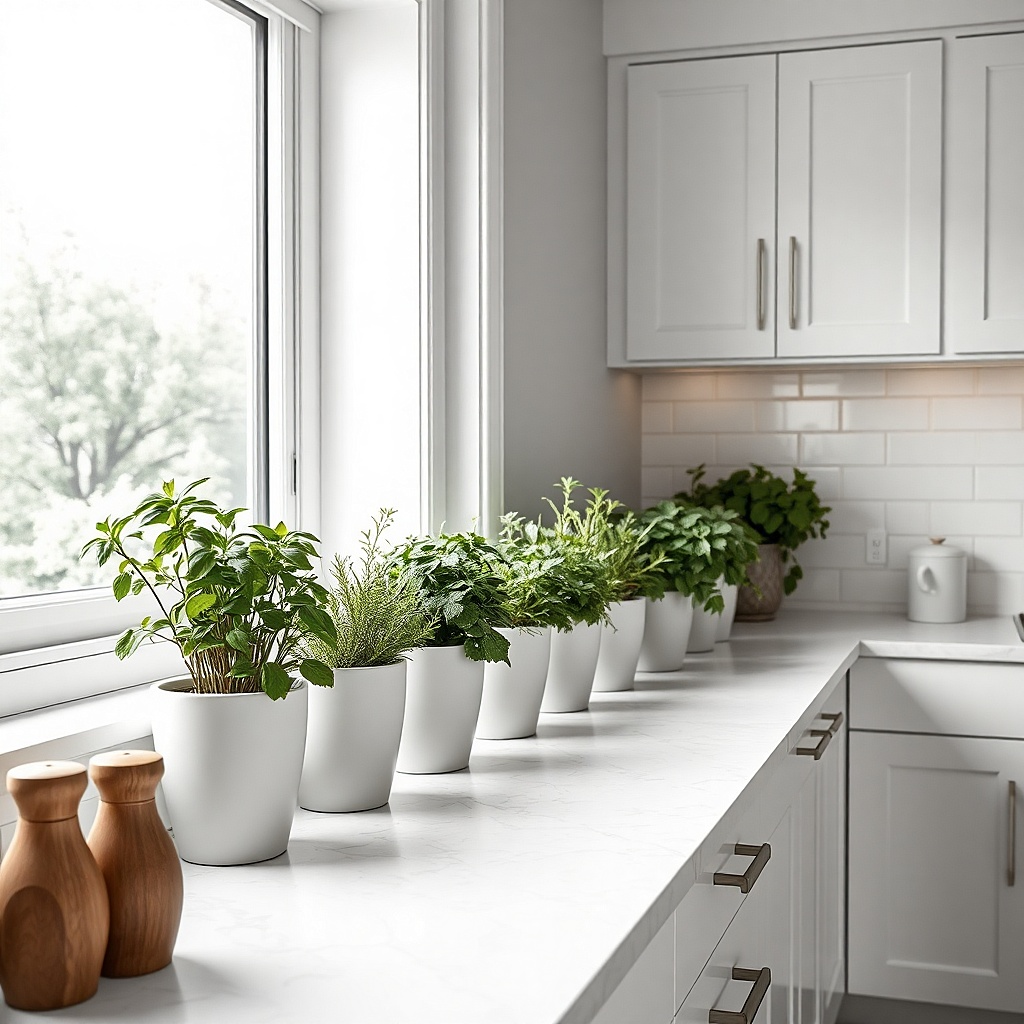 Monochrome ceramic planters with self-draining trays on window sill