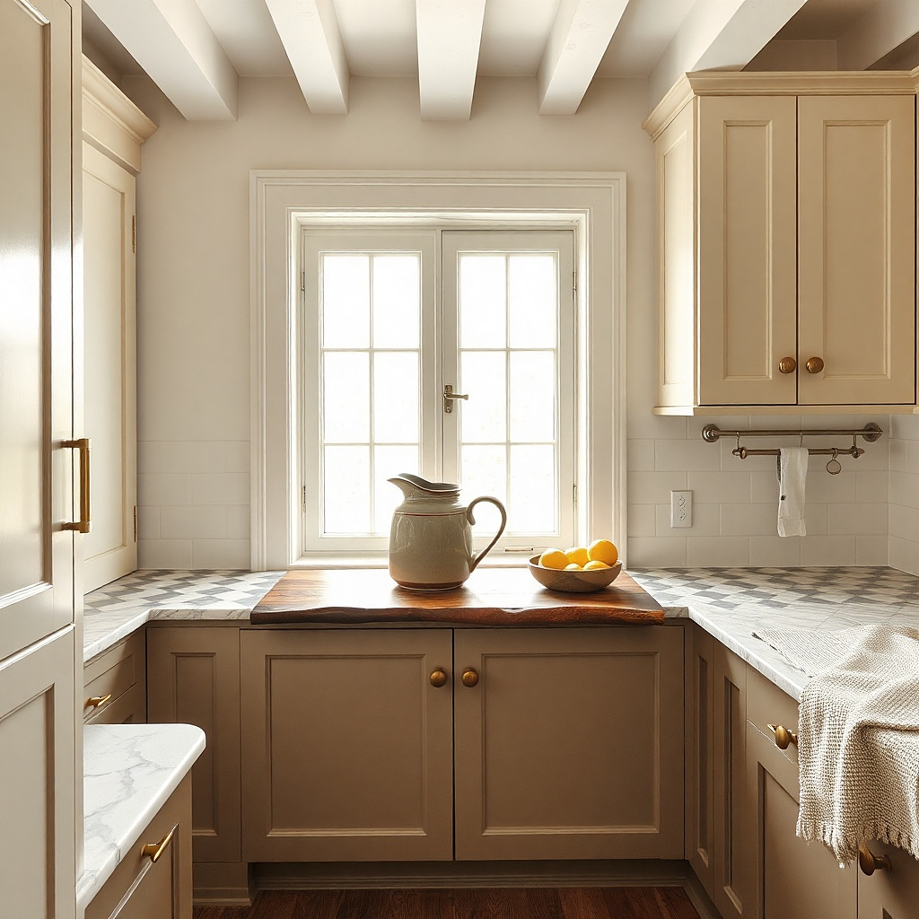 Black and white check tile insert with small serving board on sill