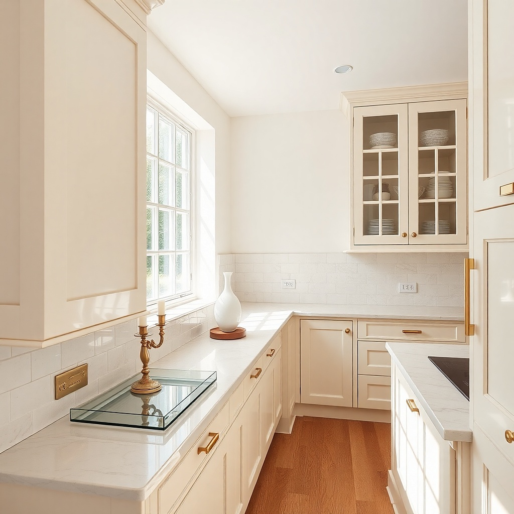 Mirror strip behind sill with minimal gold decor and a small tray