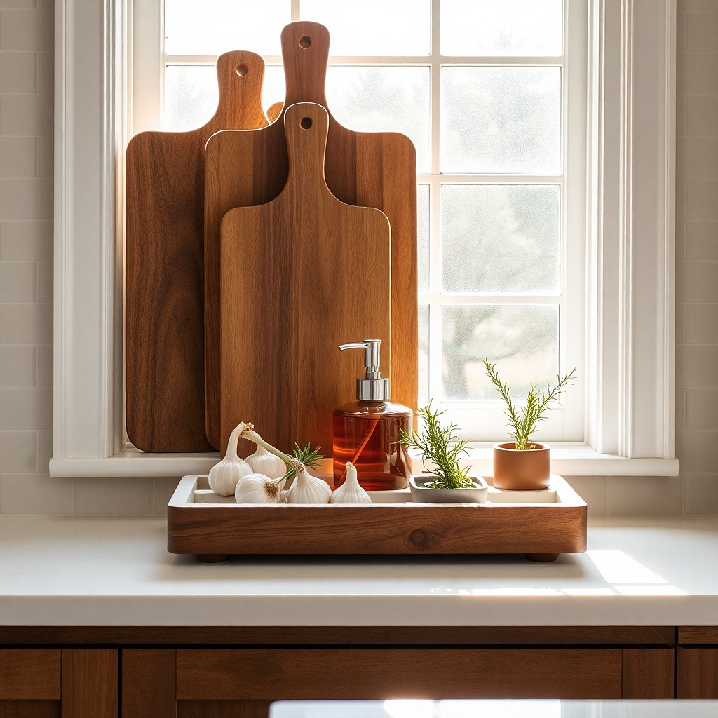 Two stacked cutting boards on sill with ceramic catchall and small plant