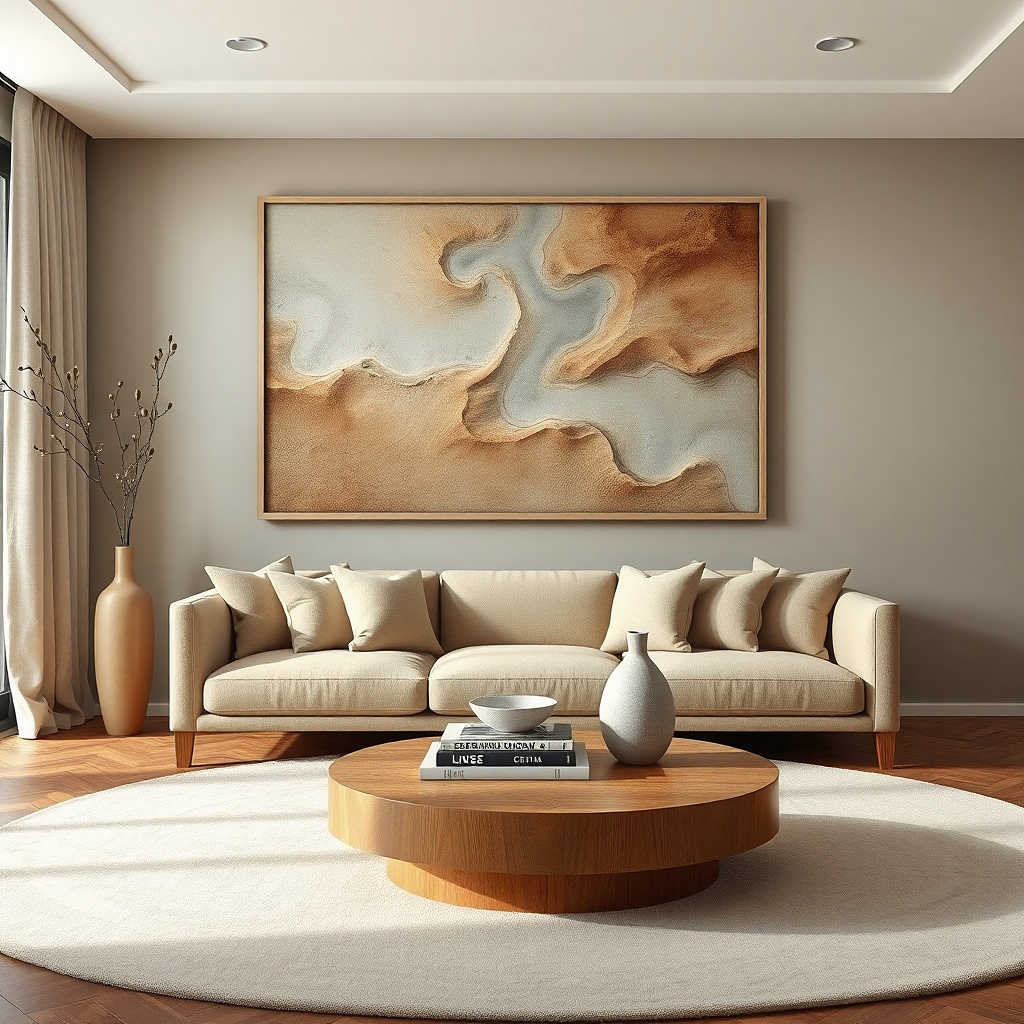 Large framed print in warm neutral tones above a sofa