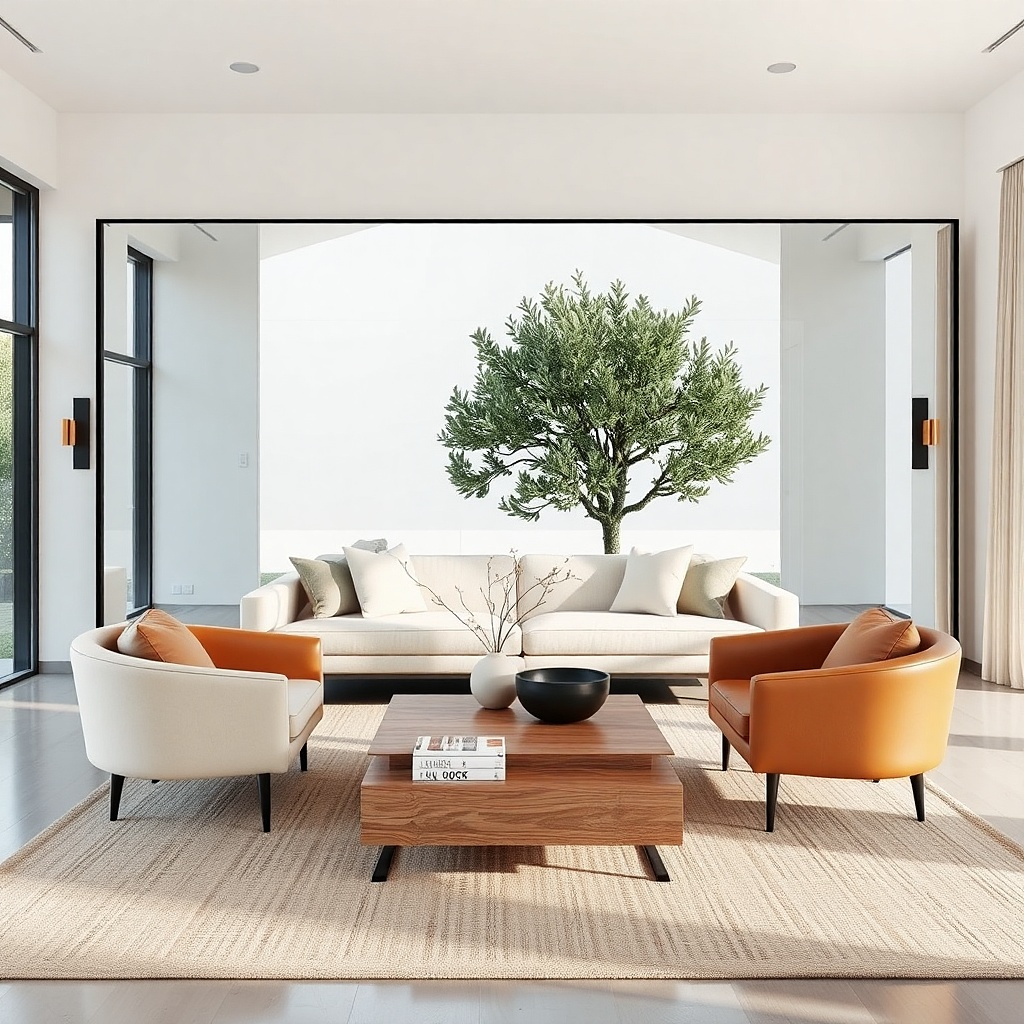 Long horizontal mirror with thin black frame on a living room wall