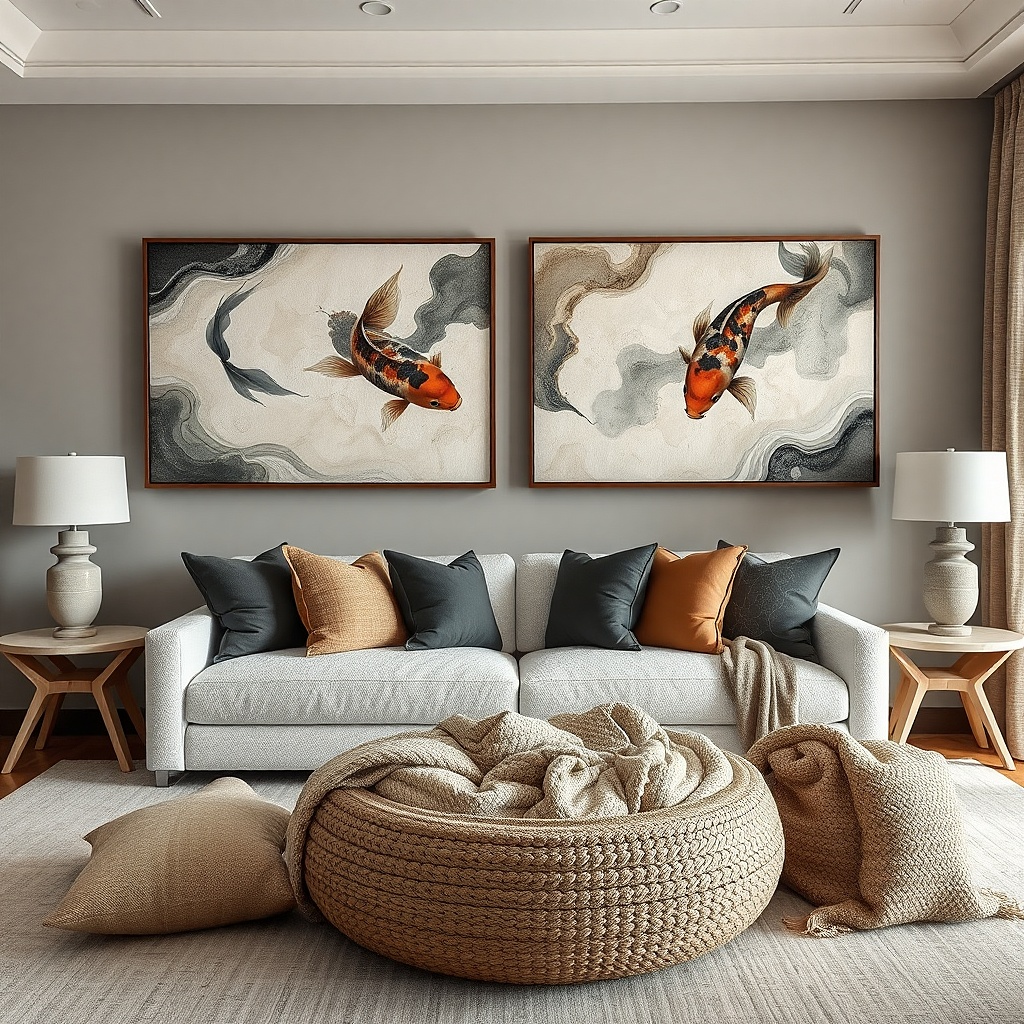 Two large matching canvases hung side by side on a living room wall