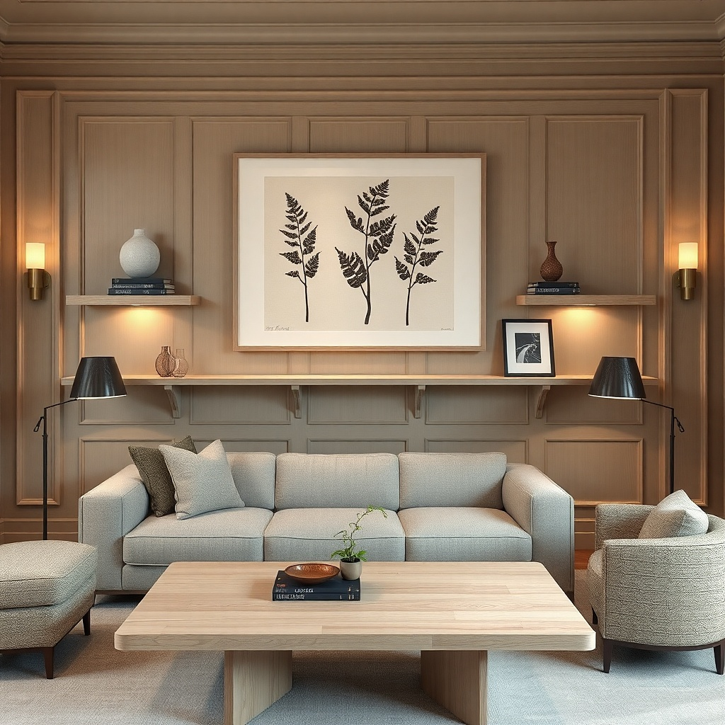 Two floating shelves with a framed print centered behind them