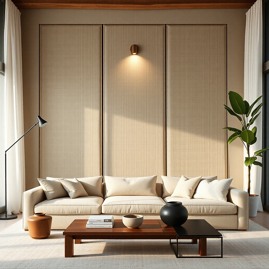 Textile wall panel hung behind a sofa with neutral tones