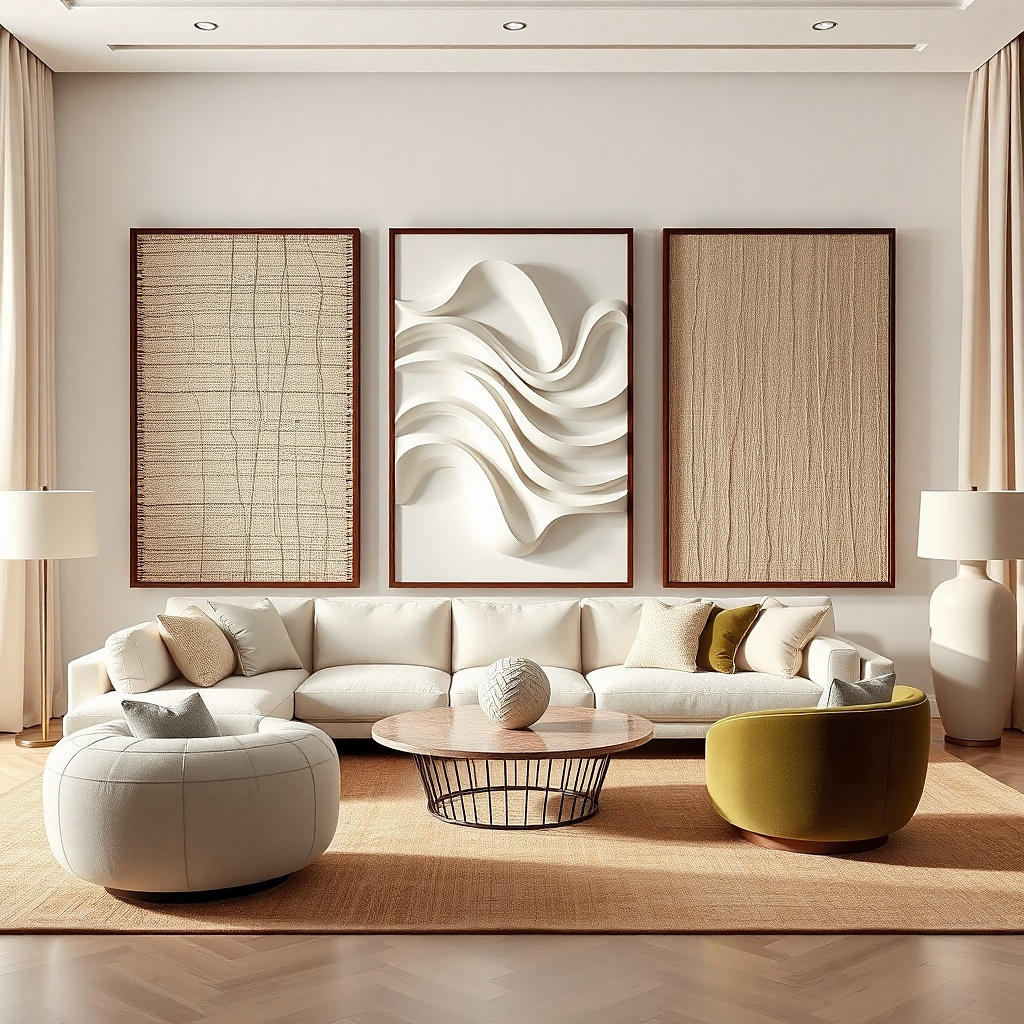 Three large matching frames forming a triptych above a sofa