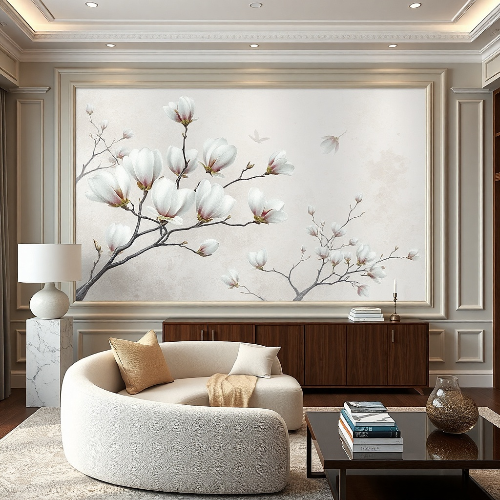 Framed peel-and-stick mural strip on a living room wall