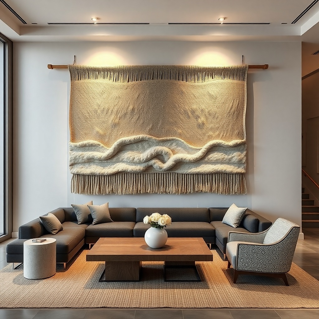 Large woven wall art hung on a simple rod with neutral tones