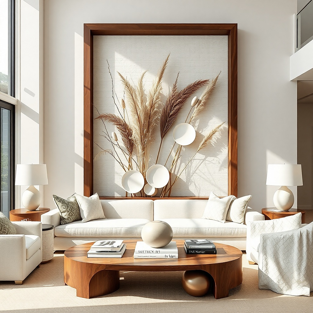 Large shadow box with tall dried grass stems arranged inside