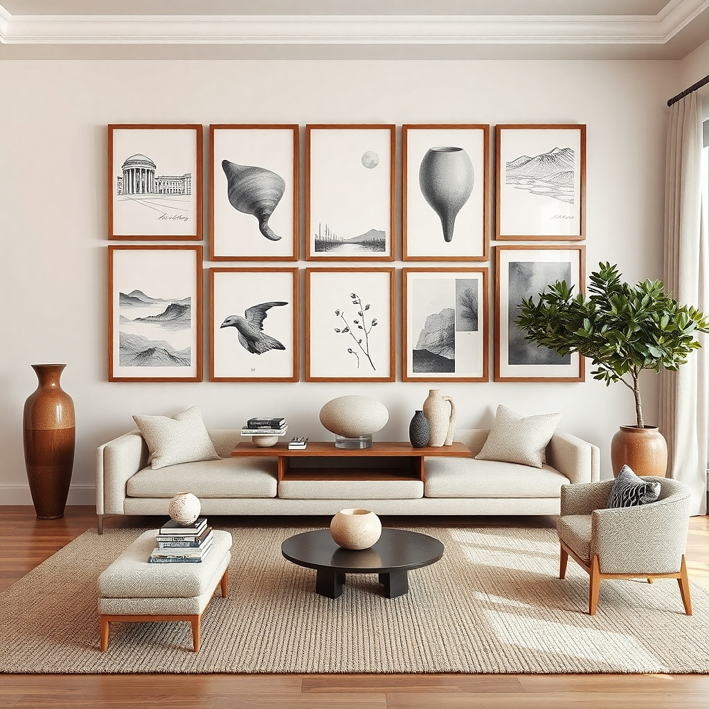Clean gallery wall with consistent frames and even spacing