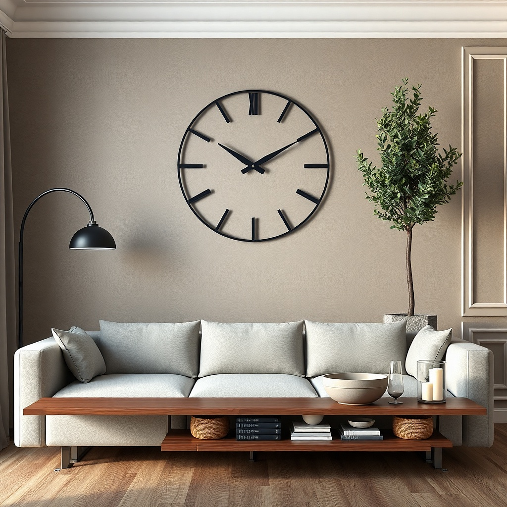 Large wall clock with clean numbers on a living room wall