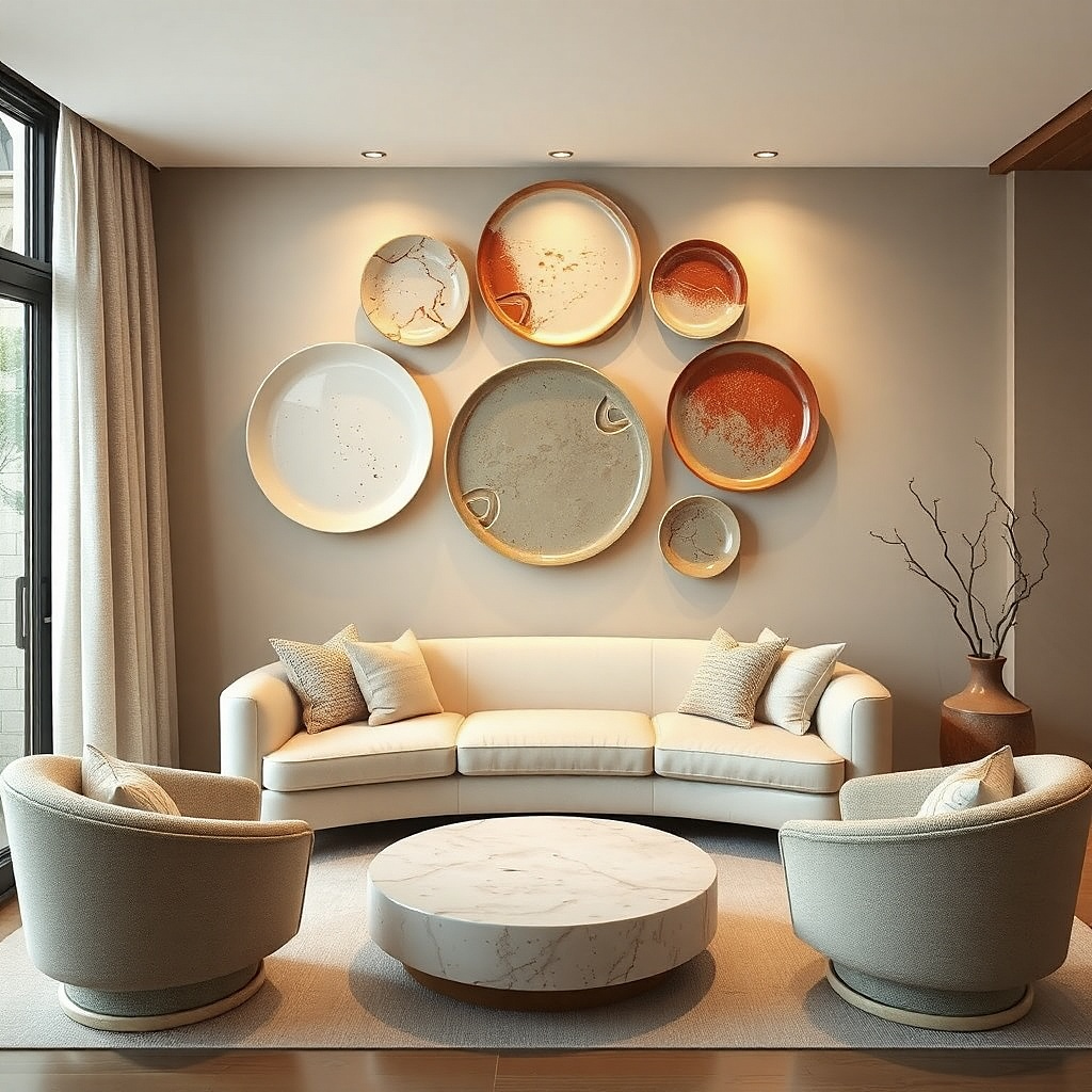 Three large ceramic plates mounted on a living room wall