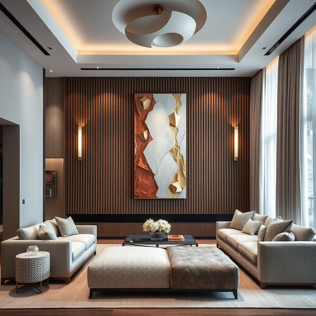 Tall vertical art panel with two slim wall sconces beside it