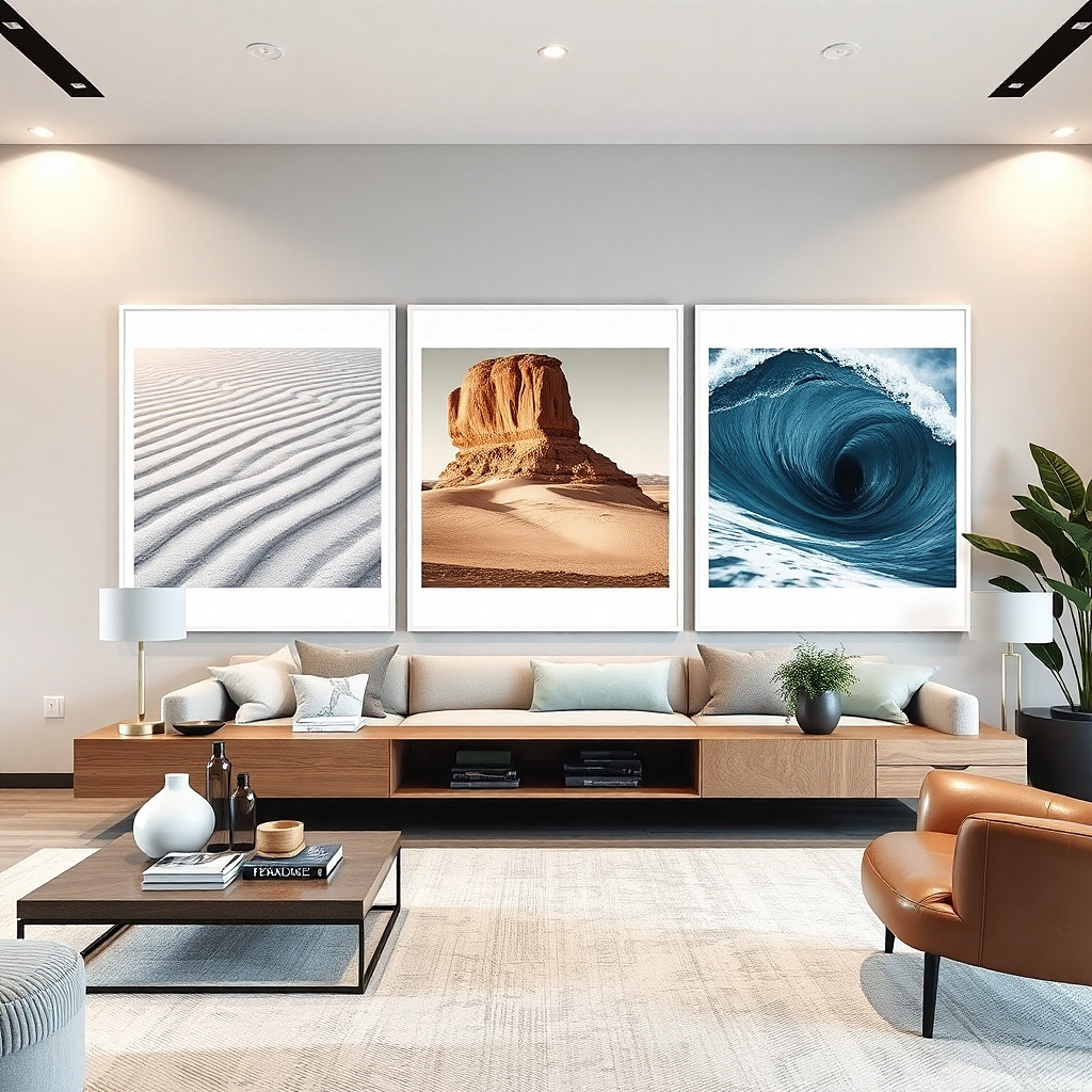 Three large matte posters in matching frames aligned in a row