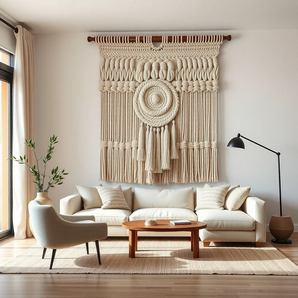 Large macramé wall hanging with chunky rope texture and tassels