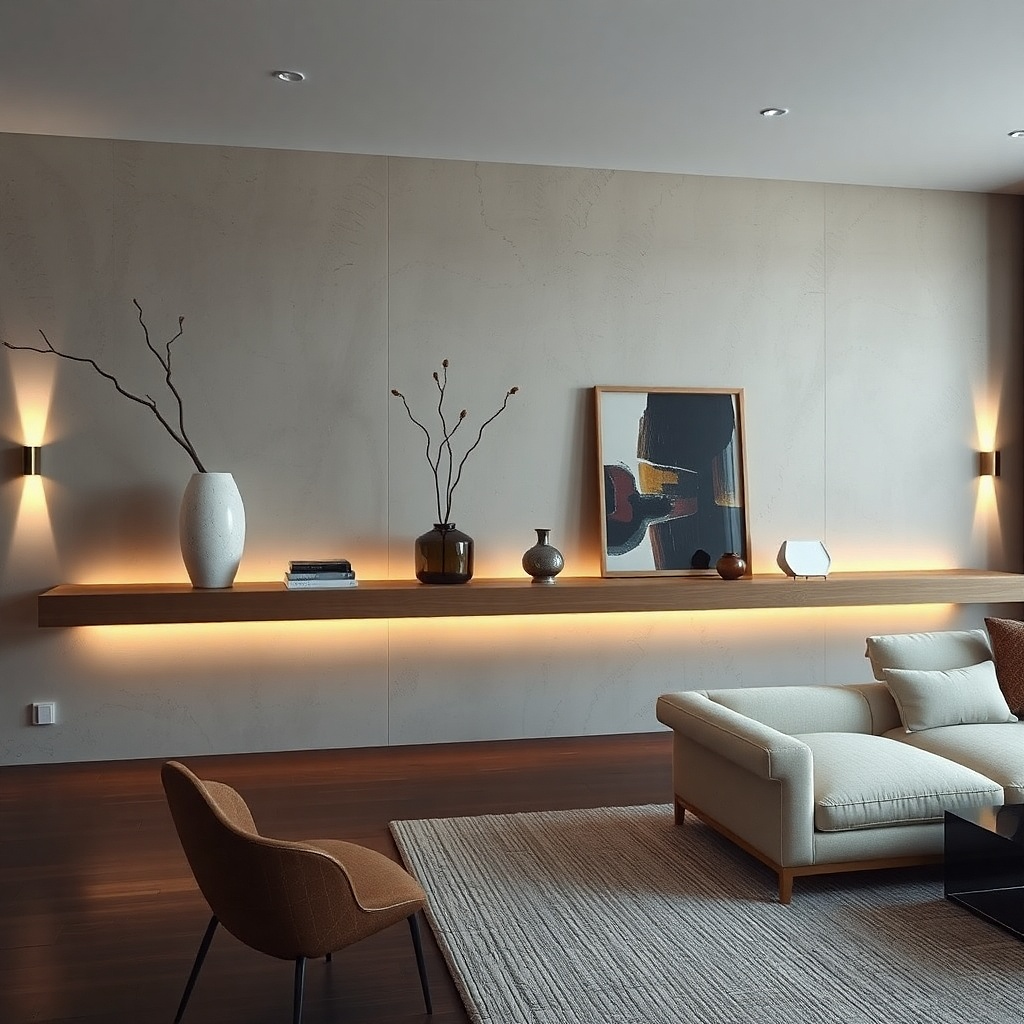 Long floating ledge with one large vase and framed art above