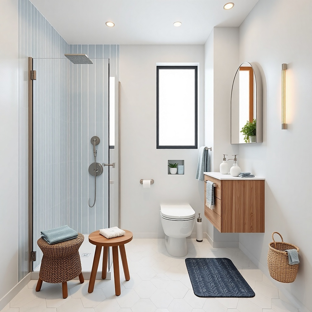 Corner shower with clear glass and a narrow white vanity in a small bathroom