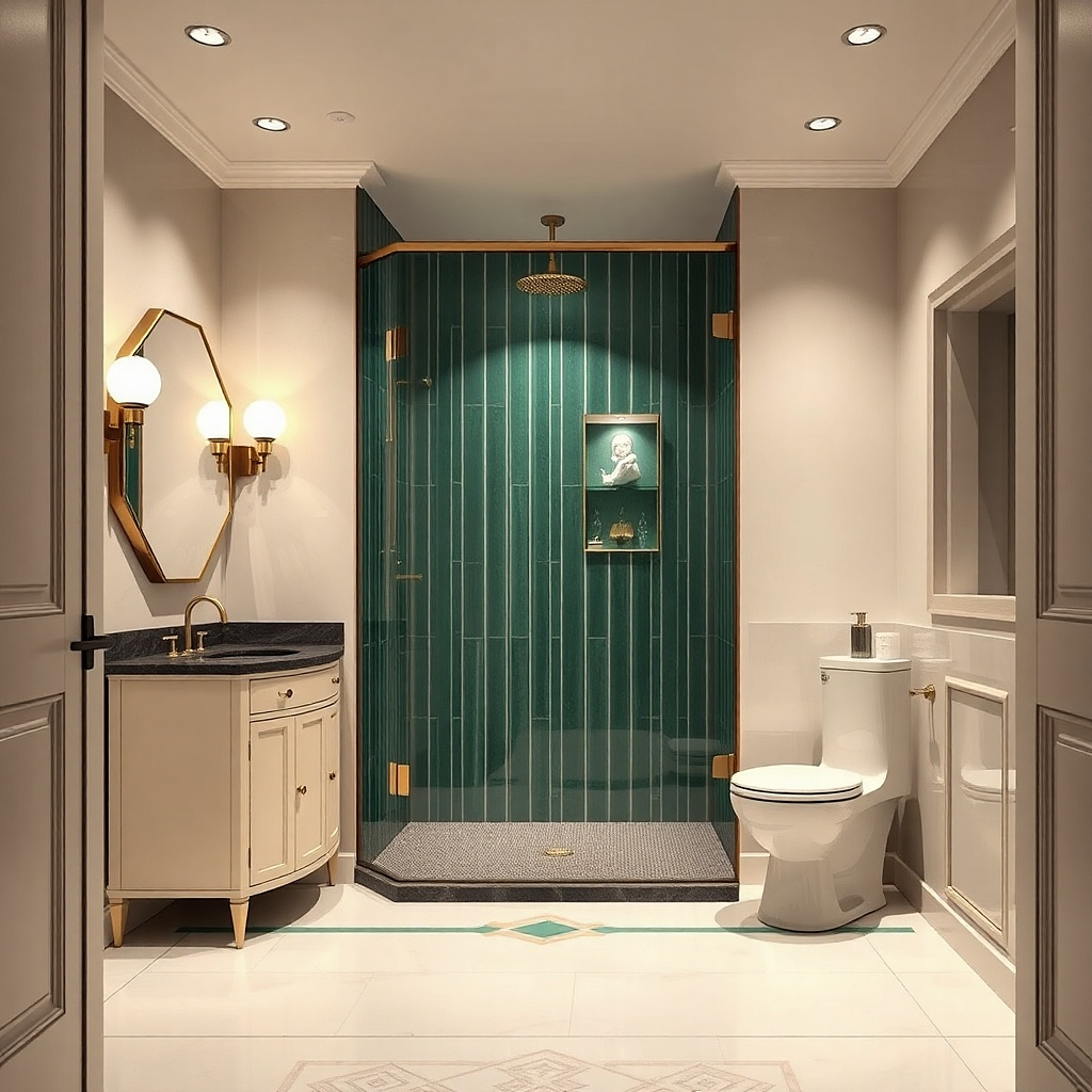 Shower with glass door on the far wall and a light vanity opposite in a small bathroom