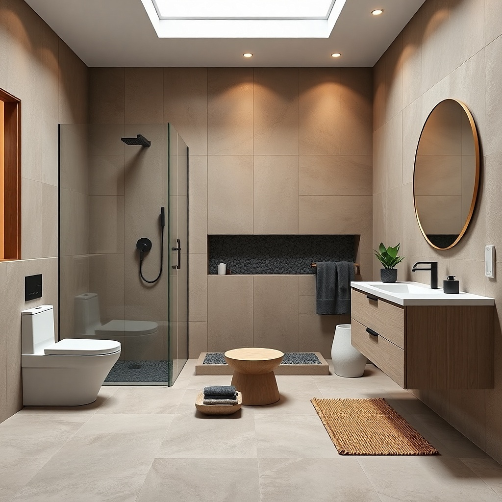 Low-profile walk-in shower with glass and a wall-mounted sink in a small bathroom