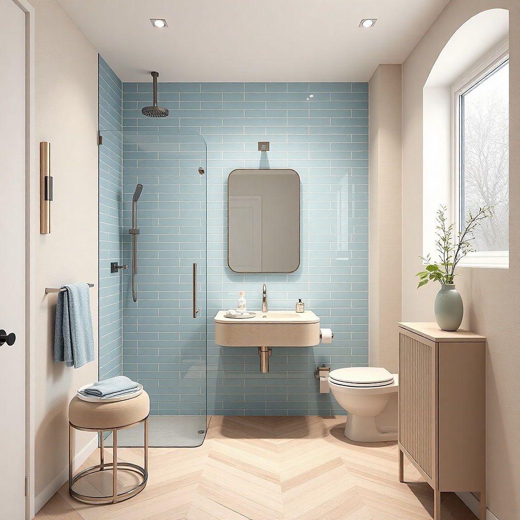 Corner shower with glass and a long mirror above a small vanity