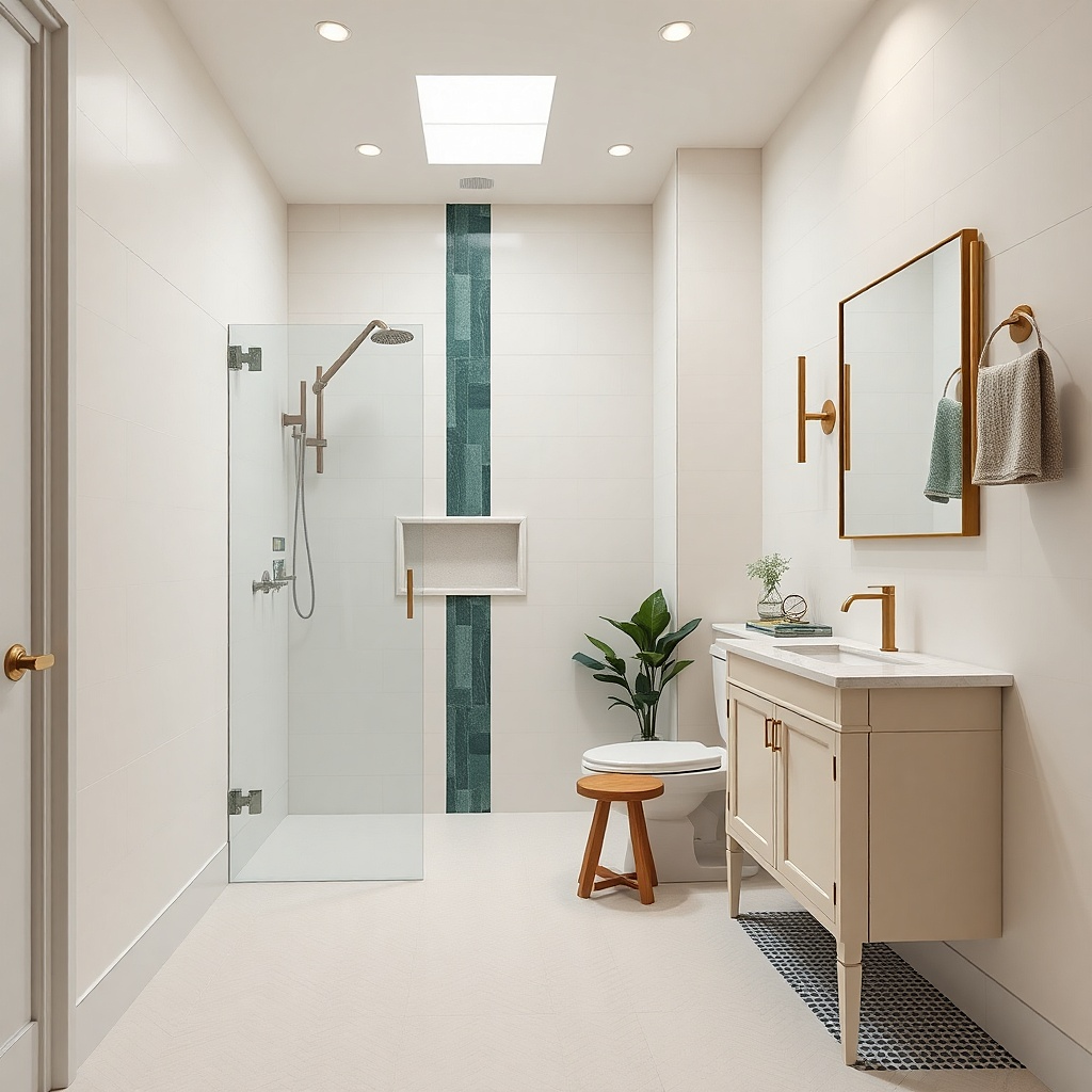 Curbless shower with one large glass panel and minimal visual barriers