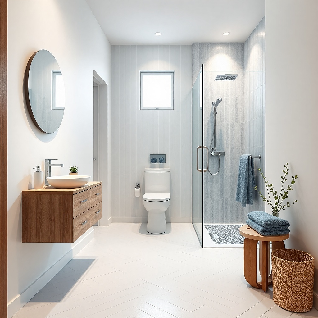 Shower on a short wall with clear glass and a tall cabinet beside a narrow vanity