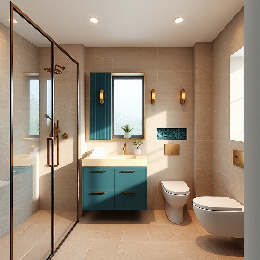 Small bathroom with a shower that has a rounded glass panel and light walls