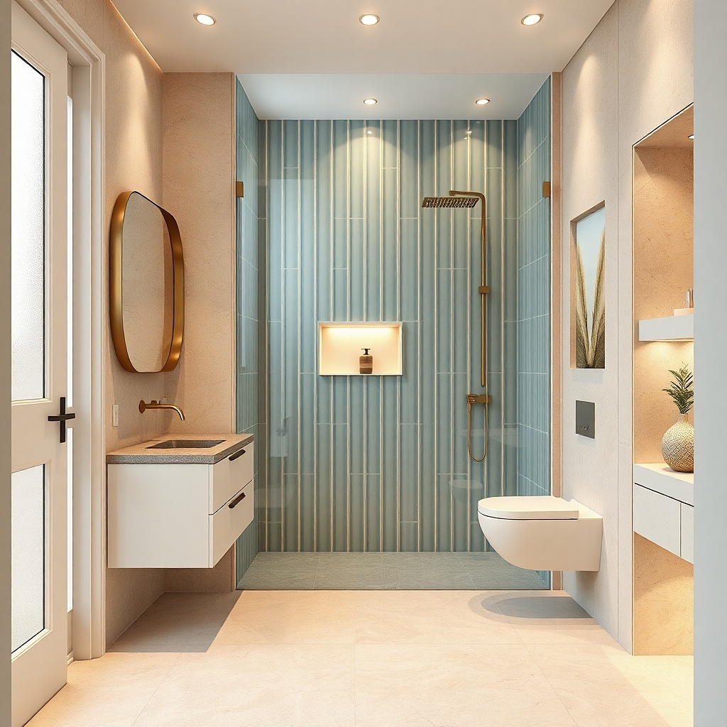 Sliding shower door with minimal metal hardware in a small bathroom
