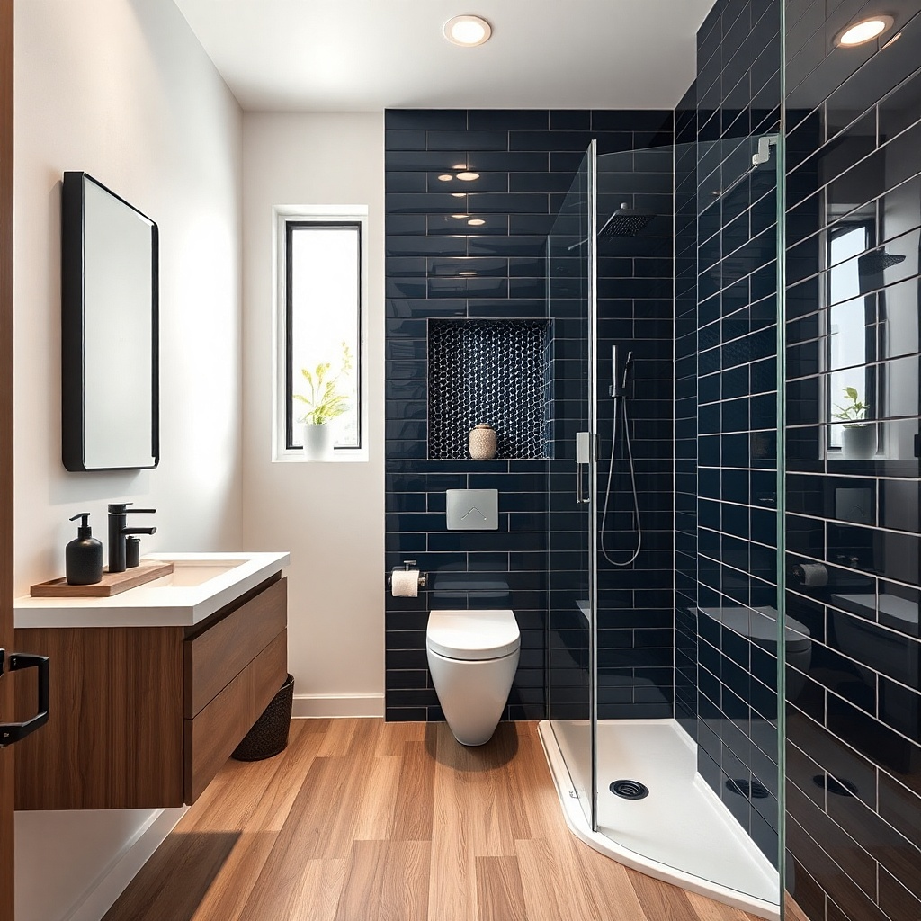 Shower and toilet on same wall line with a half wall niche between