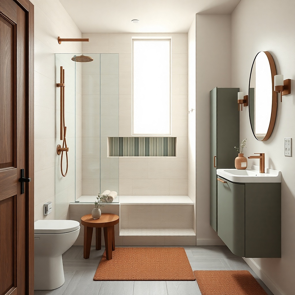 Shower placed in front of a small bathroom window with a tiled bench niche