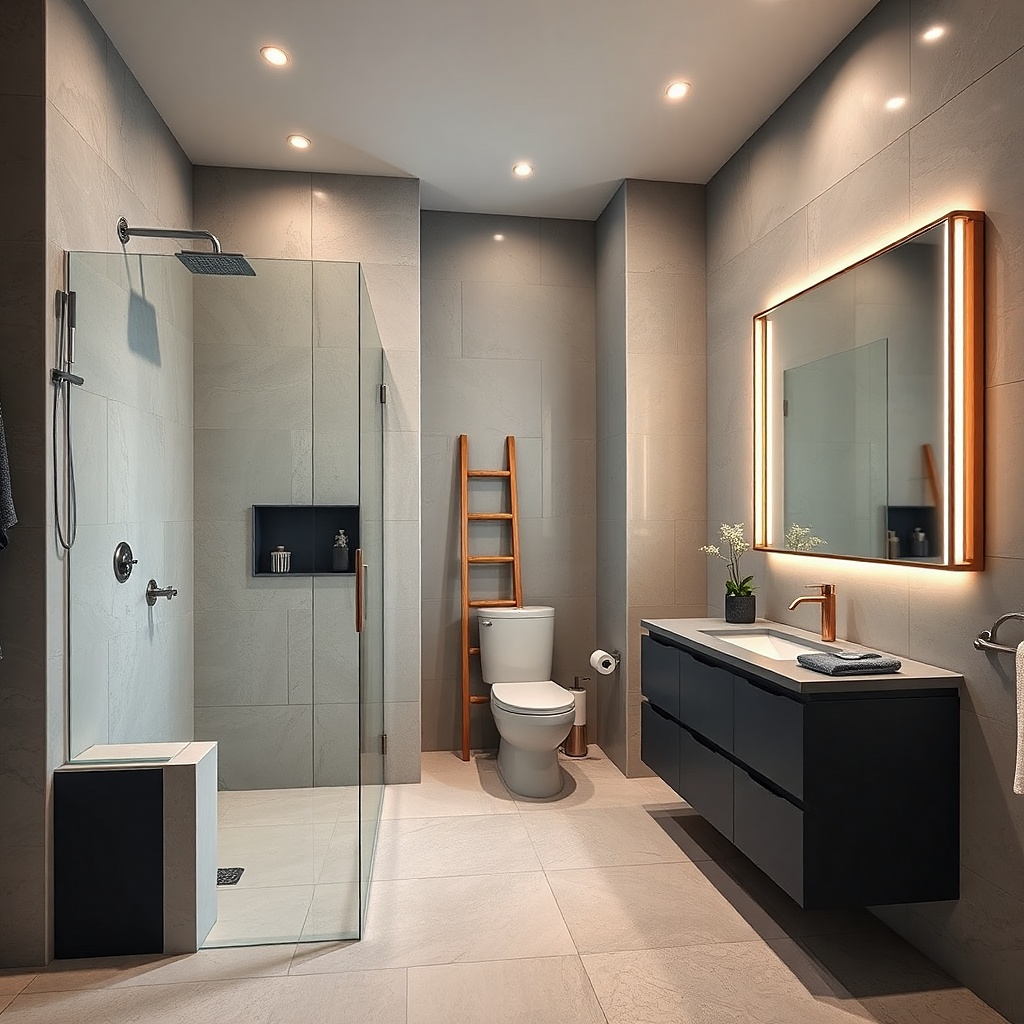 Shower set back along one side wall with a longer vanity run and bright tile walls