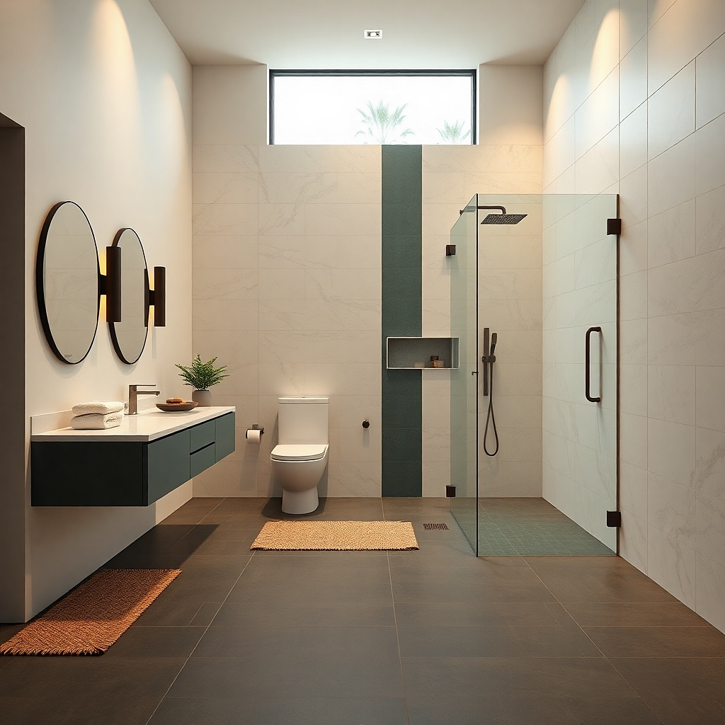 Wet-room style shower fully tiled with a linear drain and glass panel
