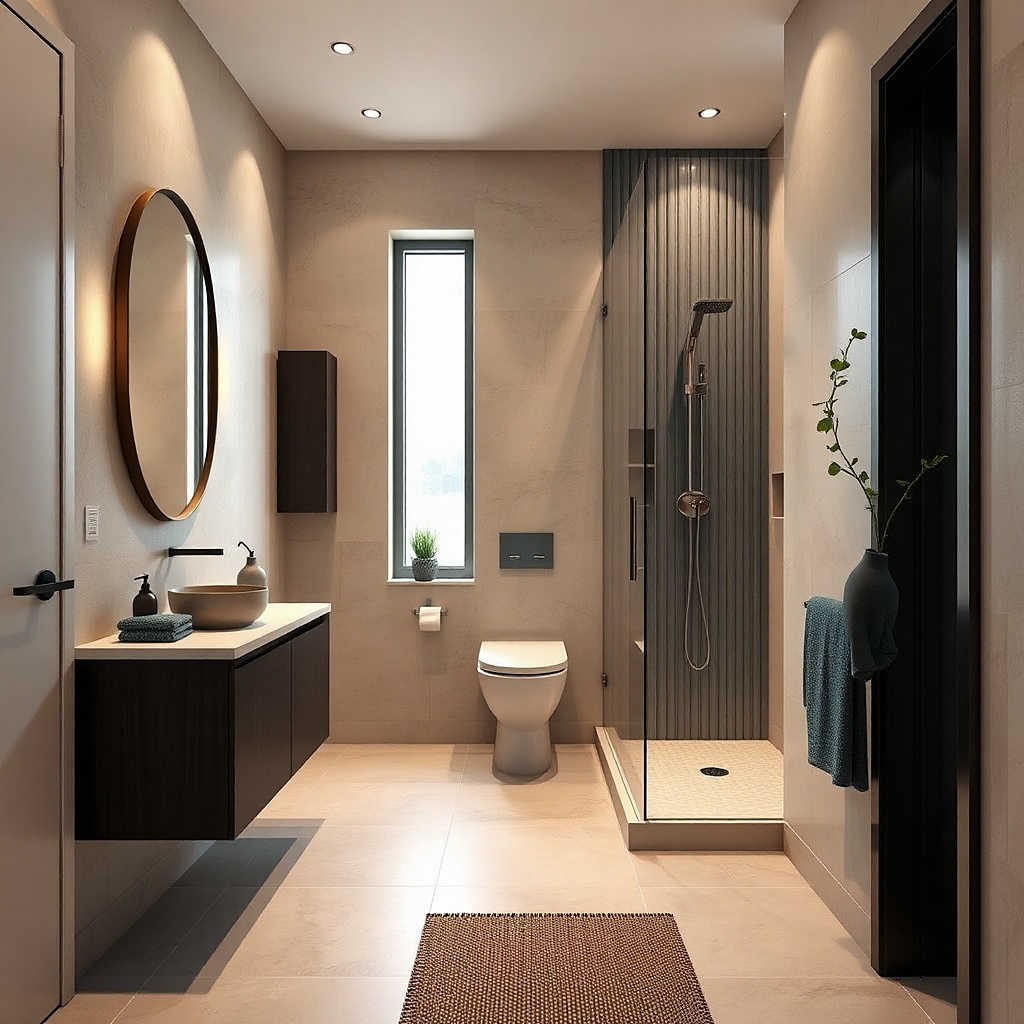 Shower beside vanity separated by a glass partition in a small bathroom
