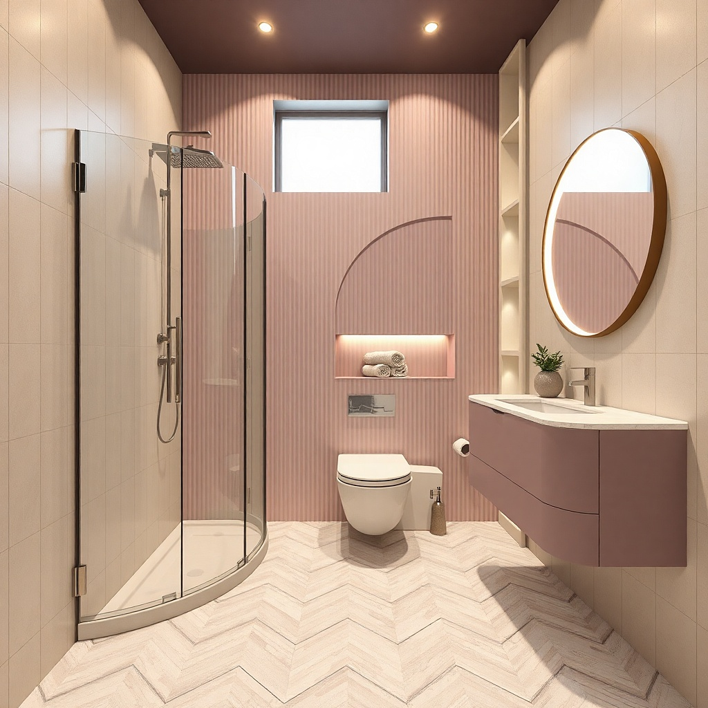 Back-corner shower with clear glass and a vanity with a clean floating look