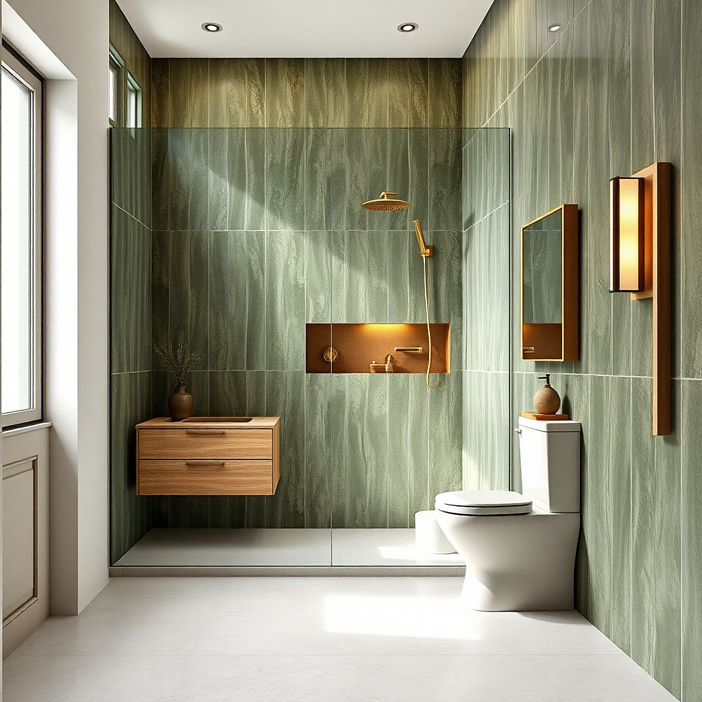Shower with inset shelf niche and a full-length mirror on a small bathroom wall