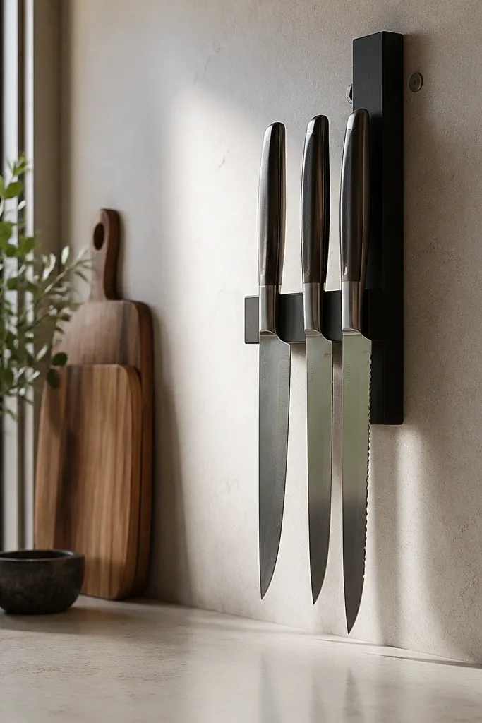 A matte black magnetic knife rail mounted on a pale cream backsplash, holding five slim knives with light wood handles. Below it, a small white ceramic canister sits beside a wooden cutting board.