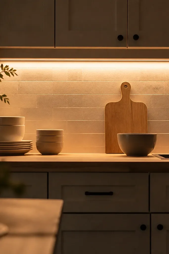 Soft warm light under white cabinets, glowing along the backsplash line. A small white tray on the counter reflects the light, and glass jars near the sink look clearer and brighter.