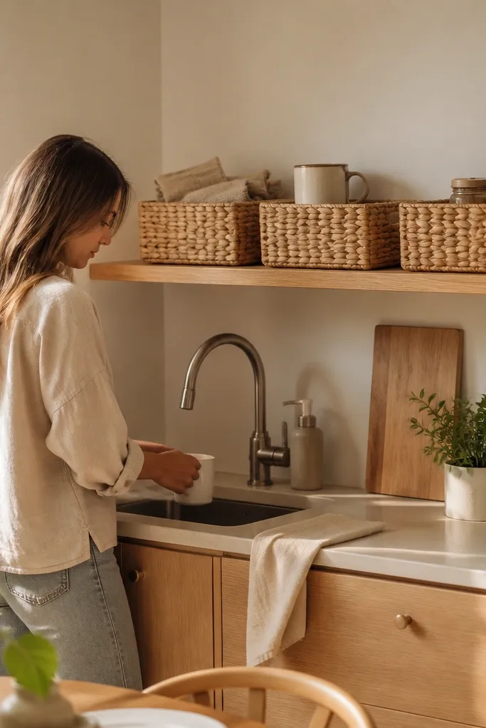 Two open shelves above the counter with white ceramic mugs lined on a simple rack. Under the shelves, three woven baskets in natural color hold cloths and snacks, all aligned to the same front edge.