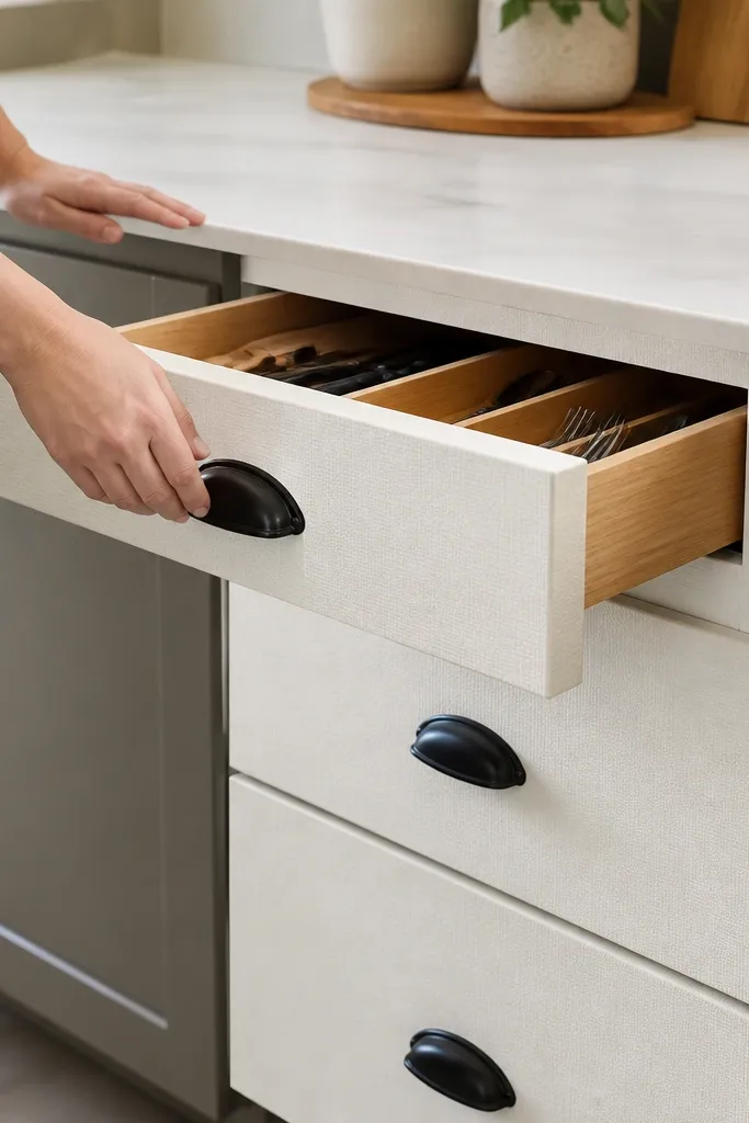 Kitchen drawer fronts covered in textured linen-white contact paper, with simple black pulls. The texture is visible in the light, and the drawers look freshly painted.