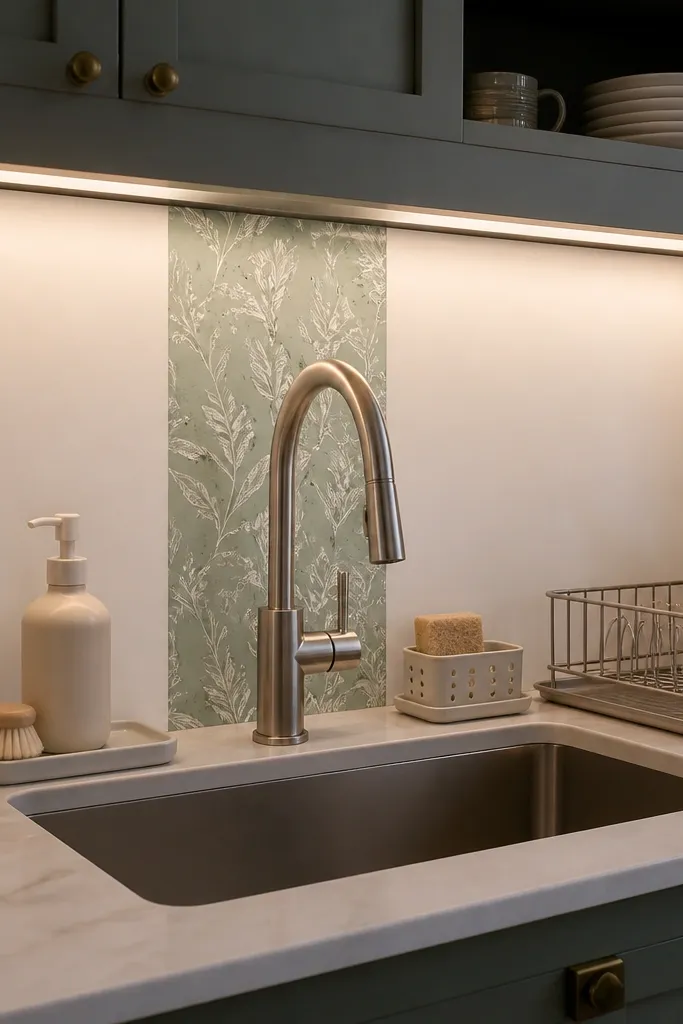 A narrow peel-and-stick wallpaper panel behind the sink, about 12 inches tall, in a soft sage-green pattern. The rest of the backsplash stays plain white, and a small brass faucet catches light.