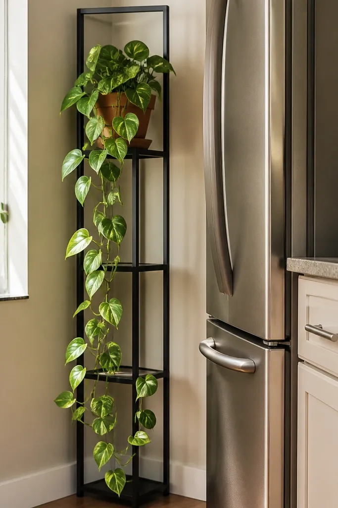 A narrow corner shelf holds a small pot with a trailing pothos. The shelf is painted the same color as the wall and sits near the dining corner, with a small ceramic watering tray underneath.