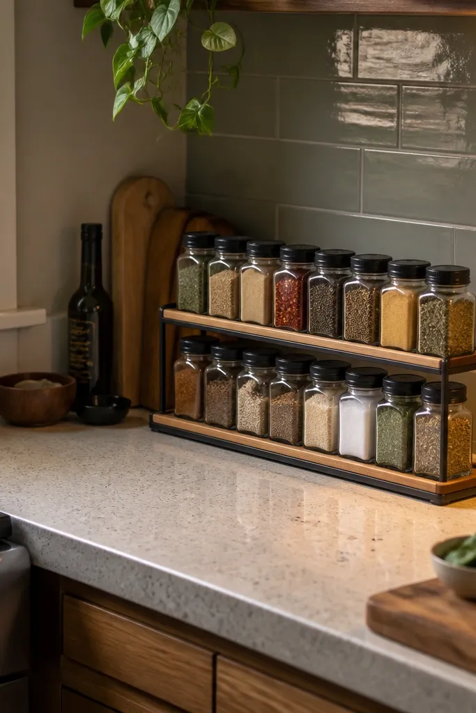 A slim metal spice rack on the counter holds six small jars. The jar lids are labeled with white chalk marker, and a white tray sits underneath the rack to catch drips.