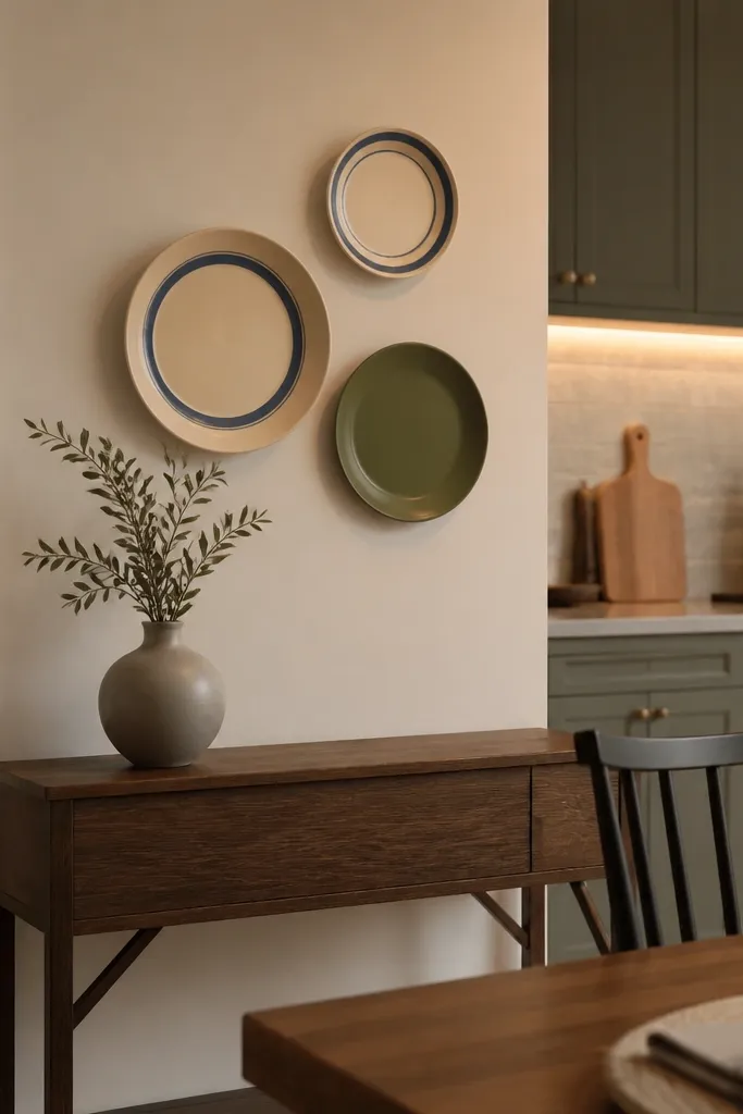 Three decorative plates mounted on the wall beside the dining nook. Two are cream with subtle blue rings, one is a matte olive plate, and the hangers are invisible wire mounts.