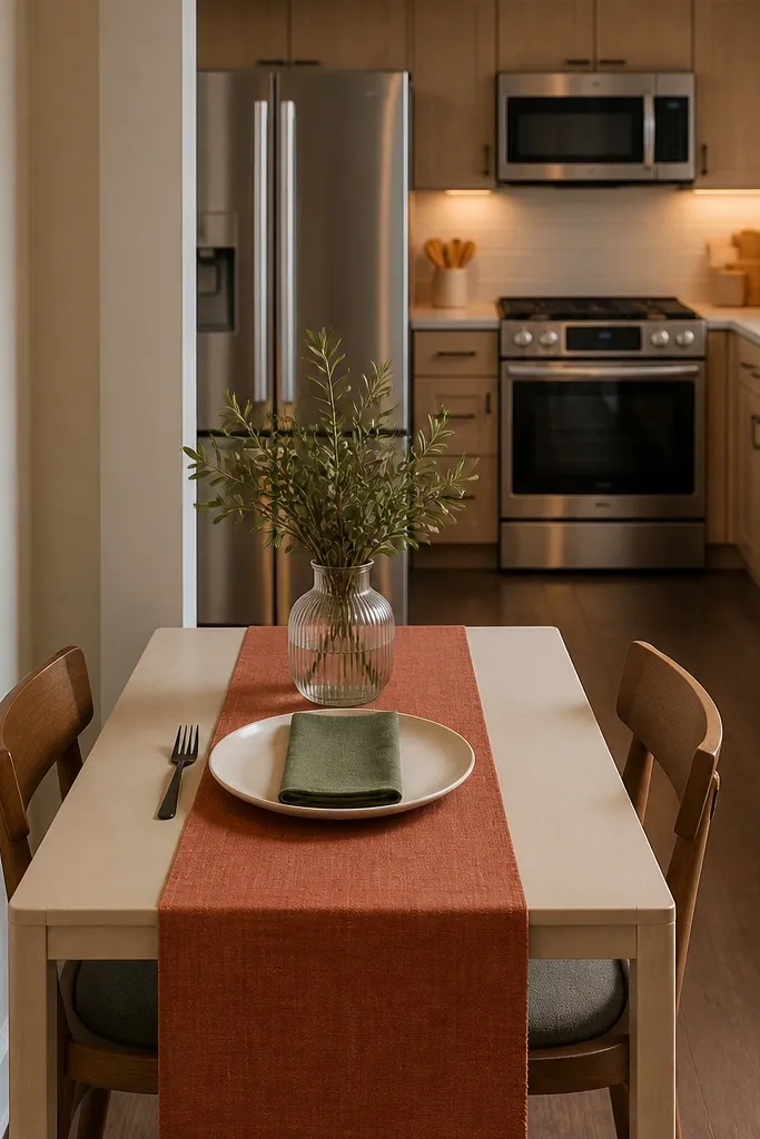 A narrow dining table has a floor-length runner trimmed to fit only 14 inches of tabletop. The runner has one long stripe in muted terracotta on a cream base, with a small ceramic bowl at one end.