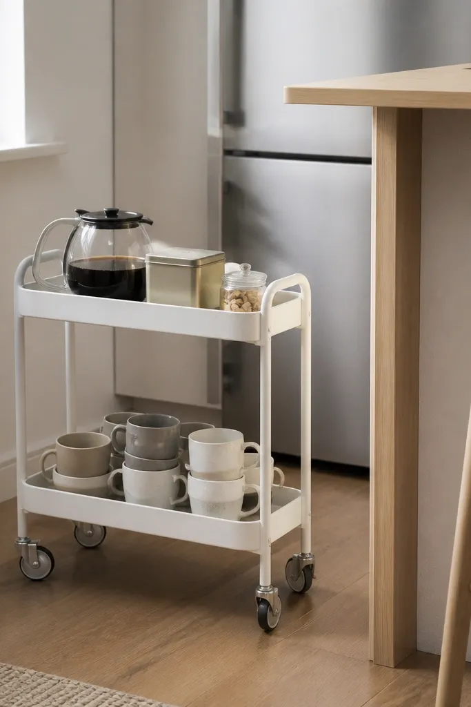 A white two-tier serving cart near the dining corner holds a small coffee setup: a glass jar of beans, a metal scoop, and two stacked mugs. The cart wheels are visible, and a tray lines the bottom shelf.
