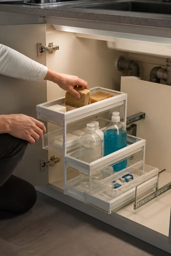 Under the sink, two pull-out bins sit neatly in a white cabinet. The top bin holds cleaning spray bottles, the bottom holds dish soap refills, and everything is labeled on small white tags.
