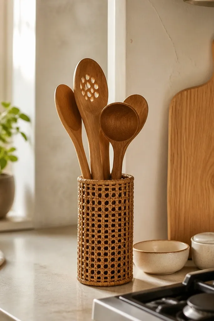 A slim rattan utensil holder on the counter contains a set of wooden spoons and a ladle. Nearby, a small white dish holds a spatula, and the counter is otherwise bare.