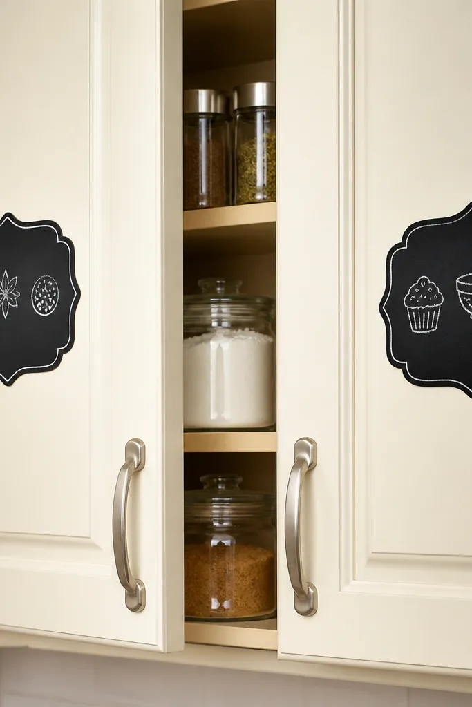 Small black chalkboard labels on cream cabinet doors. The labels read 'Coffee,' 'Tea,' 'Baking,' and 'Snacks' in neat white chalk lettering.